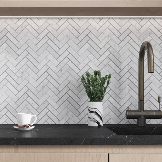 Marble herringbone tile detail in a West Hartford CT kitchen