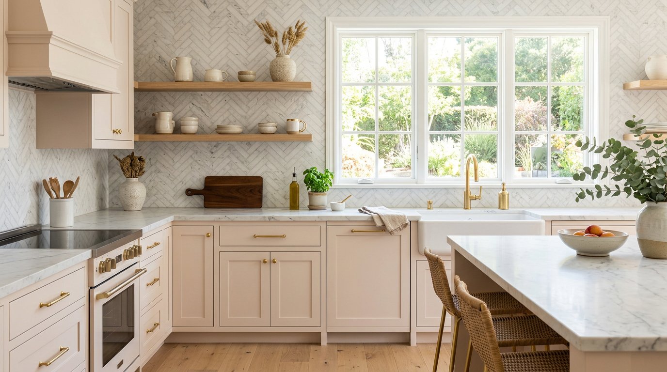 White marble herringbone backsplash in a West Hartford CT kitchen